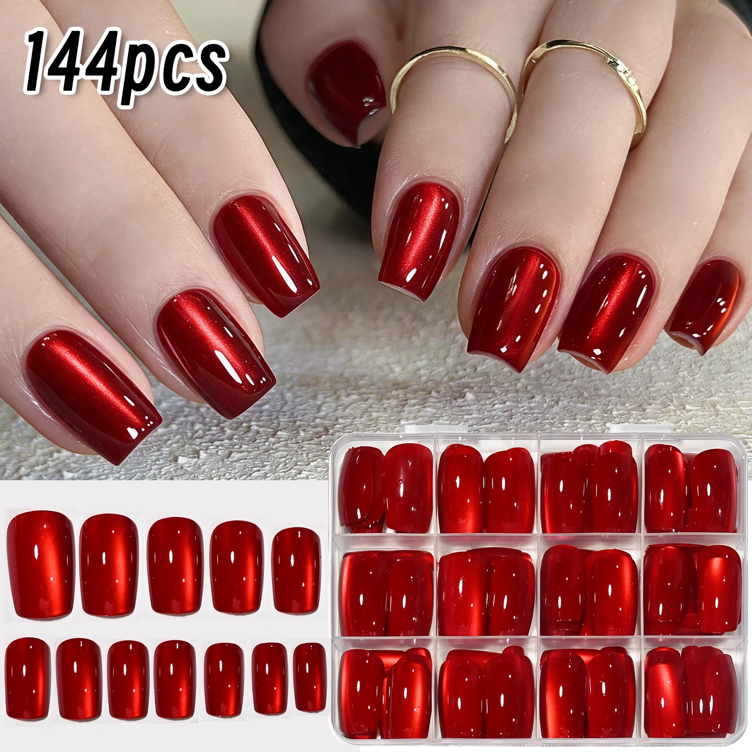 144Pcs Ruby Red Cat Eye Press On Nails Glossy Medium Short Square Fake Nails for Holiday Party Xmas Valentine False Fingertips T