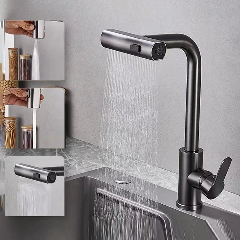 

Gray Kitchen Faucets Pull Out Rotation Waterfall Stream Sprayer Head Hot -Cold Water Faucet Wash Basin Rotation Water Tap