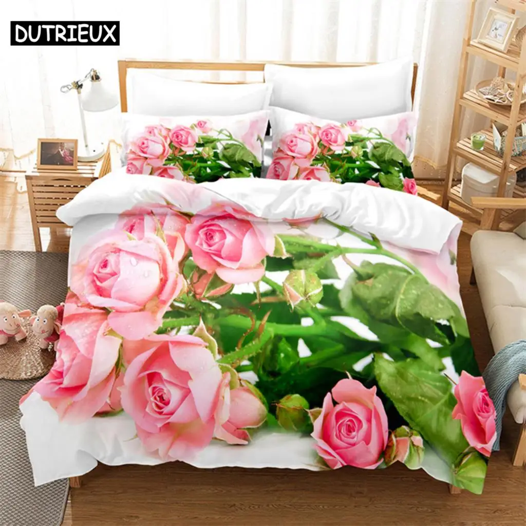Pink Rose Queen Bedding Set Boys Girls Duvet Cover Bedroom Bed Set Comforter Cover Set King Size Duvet Cover Set Bedding Sets