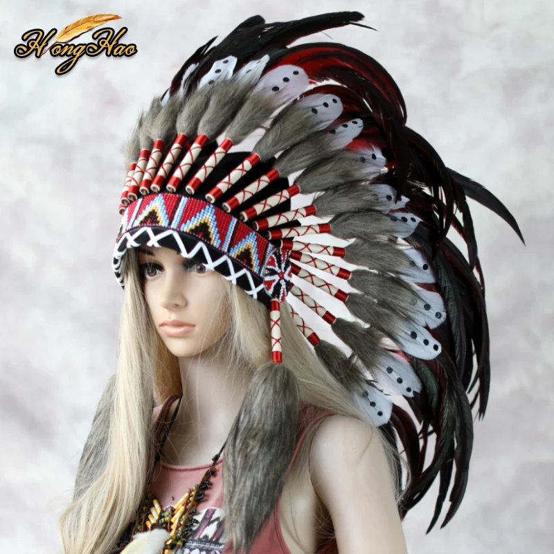 Customized Handmade Big Red Indian Feather Headdress Replica Made Cosplay Headpiece Costumes Decoration Halloween Party Hat