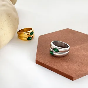 Ghidbk Doppelschicht Zirkon und Frauen, Edelstahlringe, große Größe, Gold/Silber, Weiß, Grün, Schwarz, Robust 8 Hauptverkaufsring Silber mit Green Stone - №7