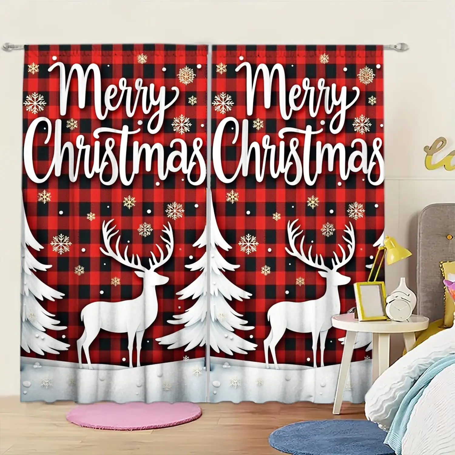 

2pcs Christmas Reindee Printed Curtain for Christmas Home Decor - Rod Pocket Window Treatment for Bedroom,Office,Kitchen