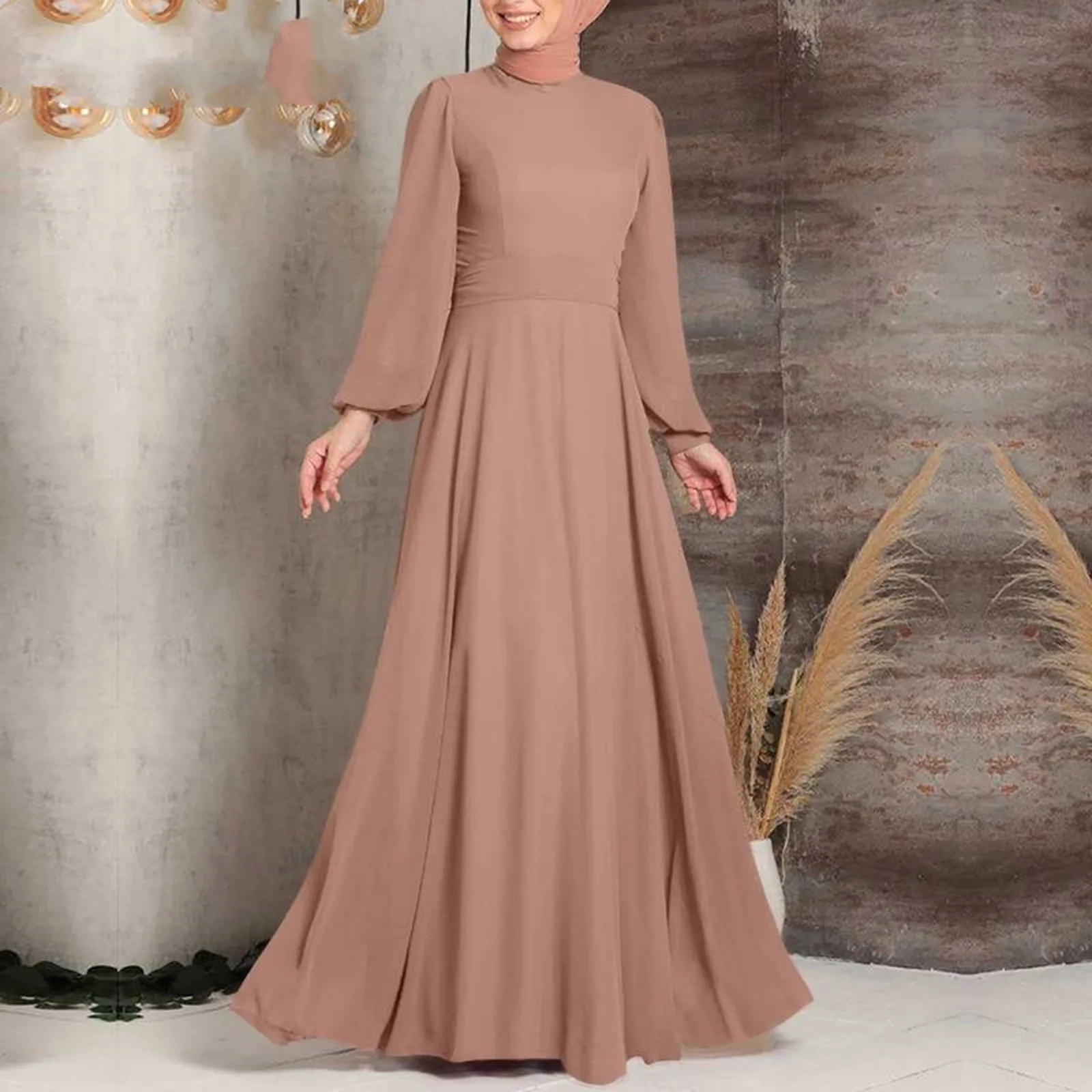 Fashion Djellaba Muslim Dress Dubai Full Length Puff Sleeve Soft Loose Abaya Dubai Turkey Muslim Islam Robe