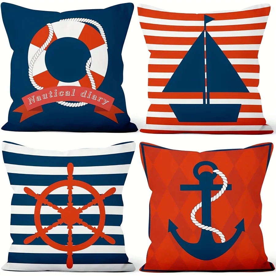 4PC Nautical Theme Throw Pillow Covers Sailor Boat Anchor Wheel Coastal Decor Ocean Beach Nautical Pillow Case