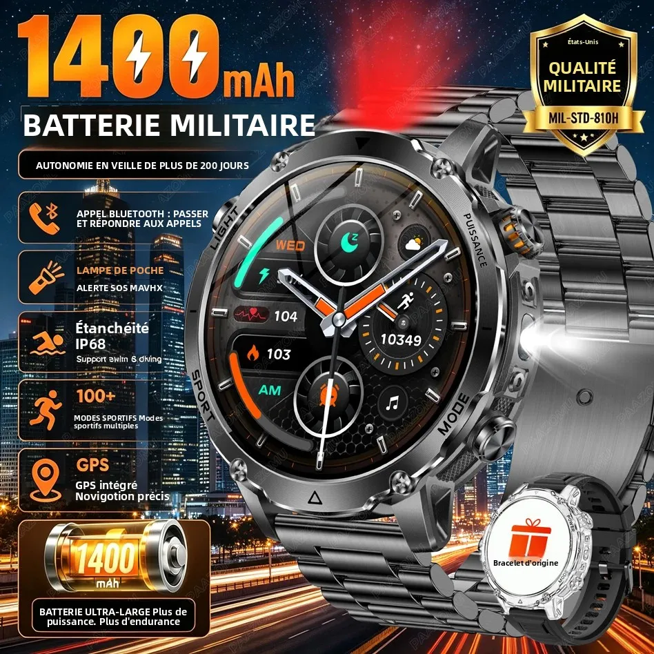 Montre connectée de marque avec grande batterie 1400mAh pour hommes, écran AMOLED 1.7 pouces, autonomie de 200 jours, étanche pour la natation et la plongée, GPS, tactique militaire, SOS, 100 sports
