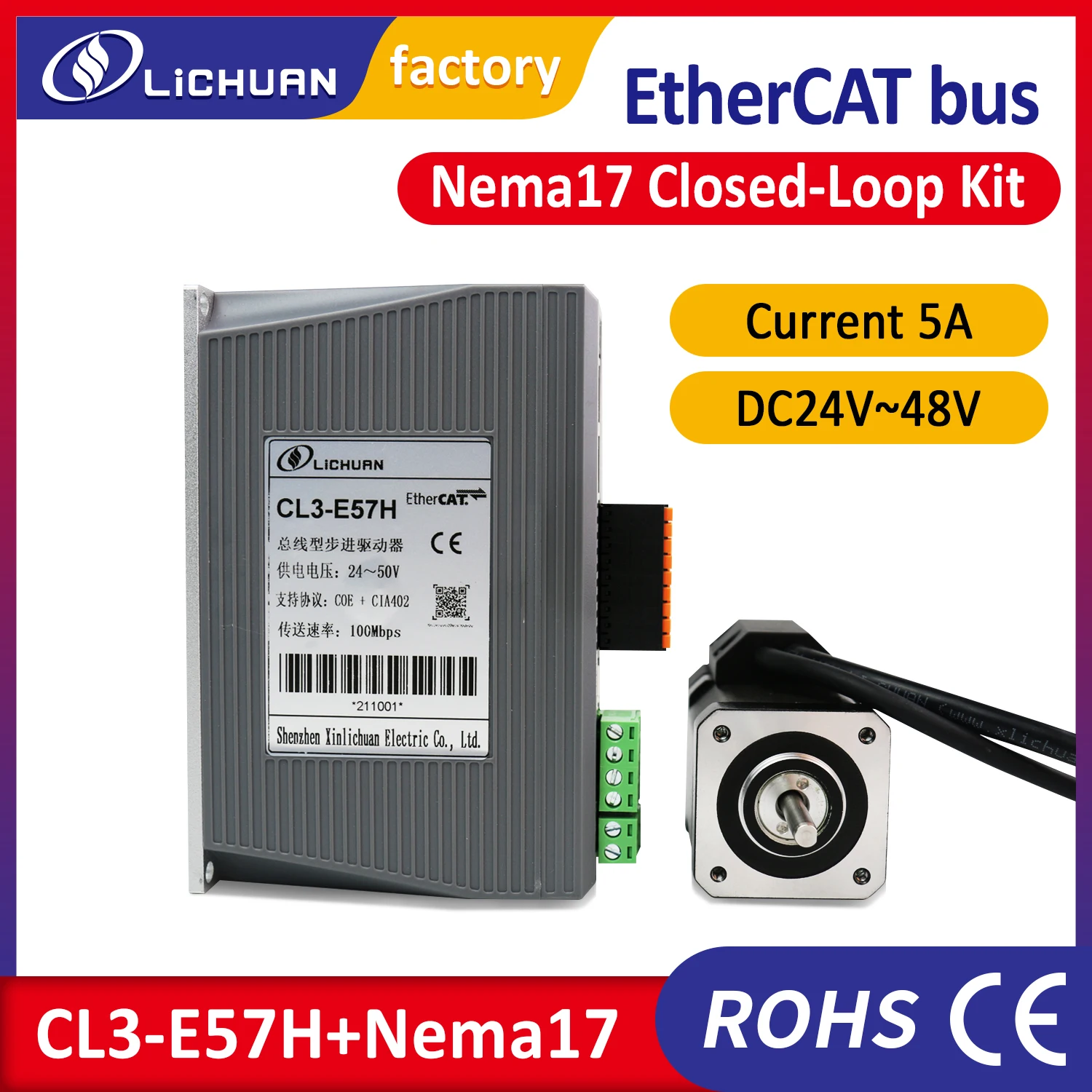 Silnik Lichuan ethercat krokowy Nema17 silnik krokowy z pętlą zamkniętą ze sterownikiem CL3-E57H 5A zestaw CNC moc DC24V 36V 48V silnik prądu stałego