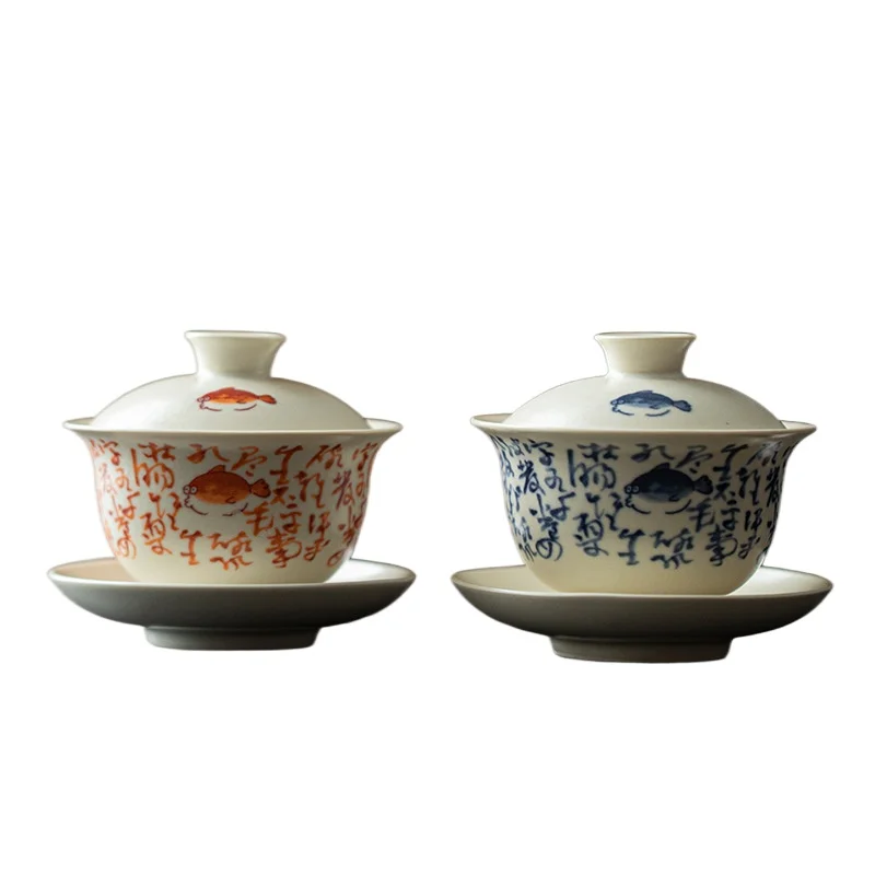 Soda glaze, poetry and text cover bowl, handmade ceramic Sancai cover bowl, household large tea bowl opening can raise kung fu