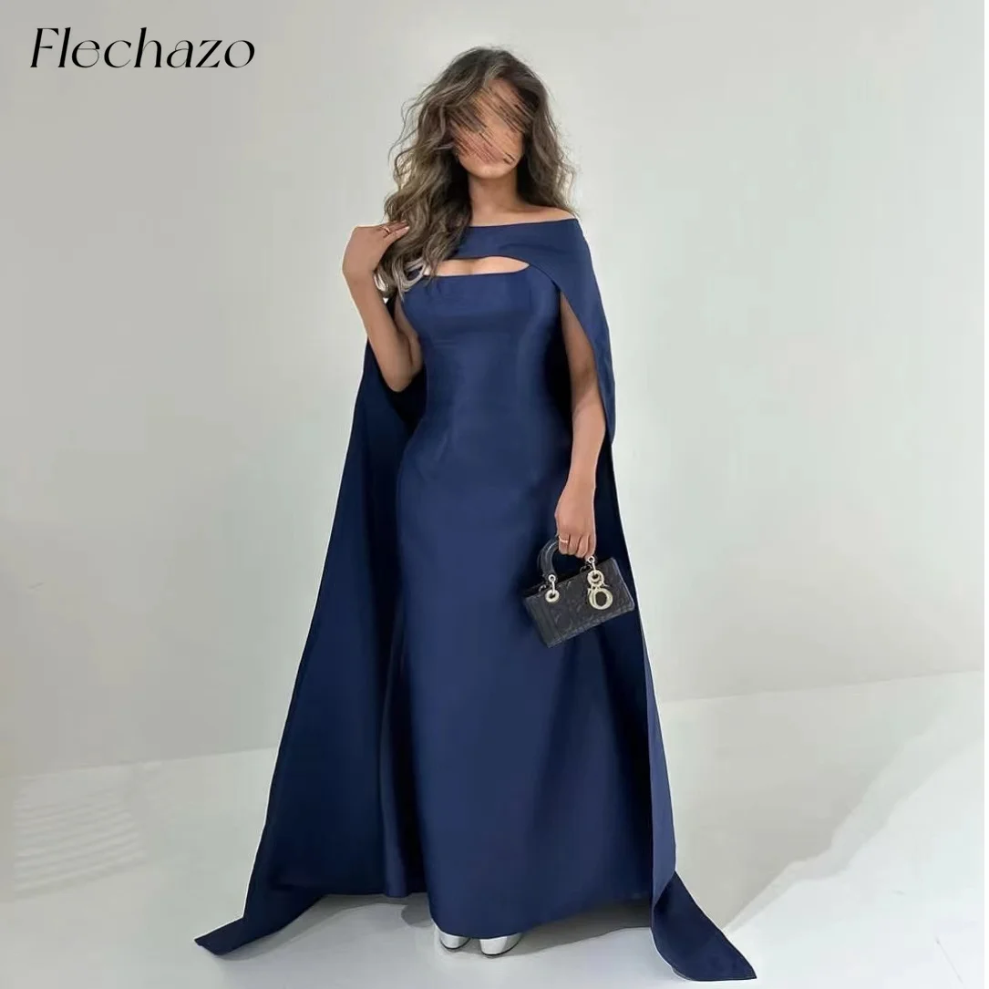 

Flechazo Navy Blue Satin Evening Dresses Off Shoulder A Line Floor-Length Simple Occassion Dress For Women 2024 vestidos de gala