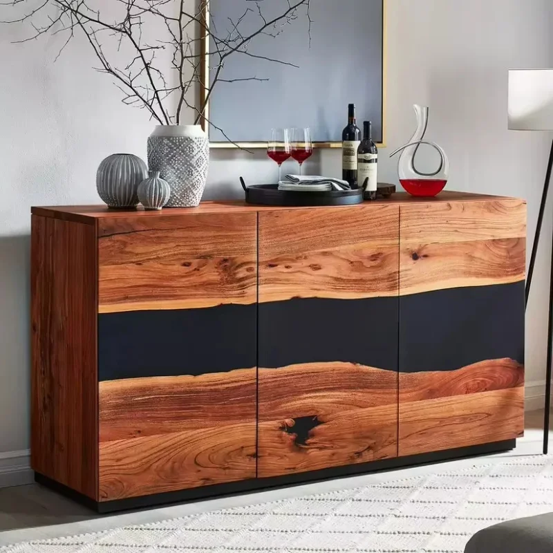 custom.Evereco Industrial Modern Design Acacia Wood Panel Sideboard Resin Inlay Wine Bottle Cooling Storage Price Bar
