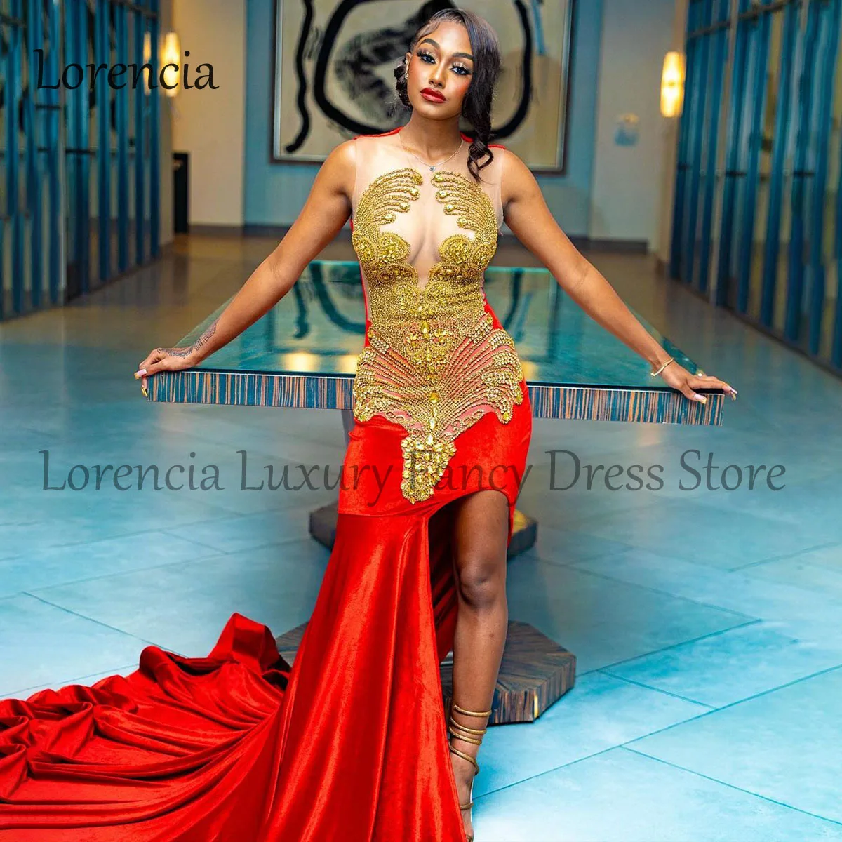 Red Diamond Sequins Prom Dresses For Black Girl Sleeveless 2024 Rhinestones High Slit Mermaid Evening Dress Formal Party Gowns