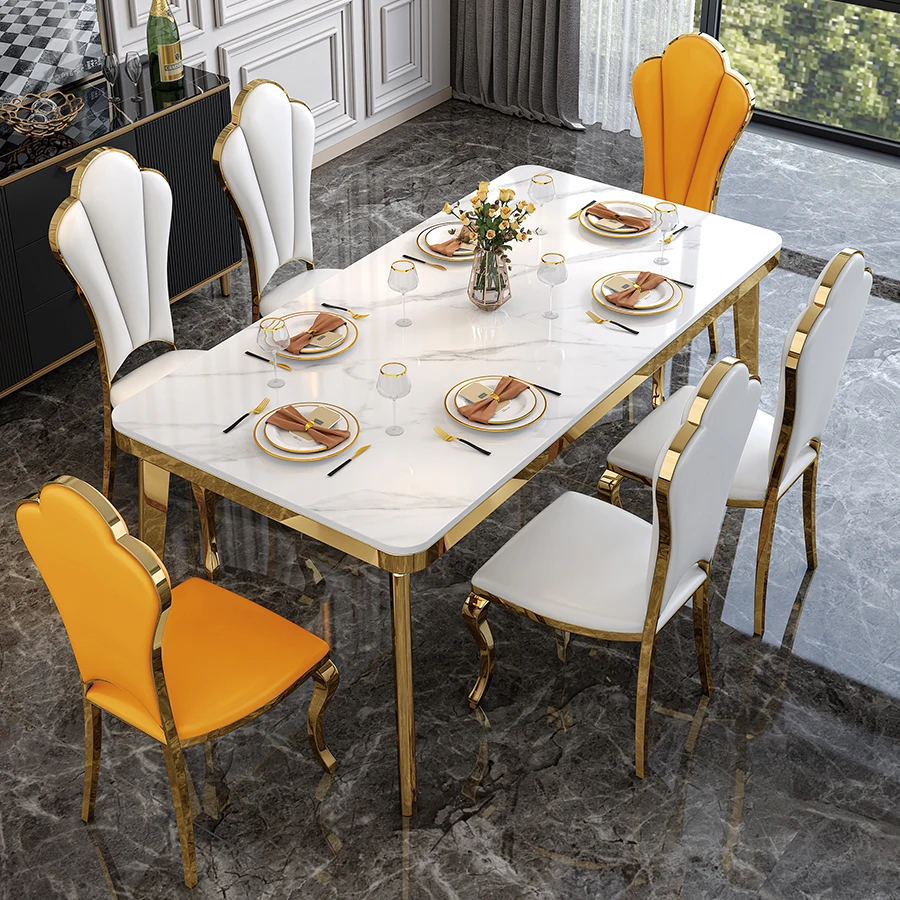 

Household large and small apartment dining table stainless steel rectangular bright rock plate dining table