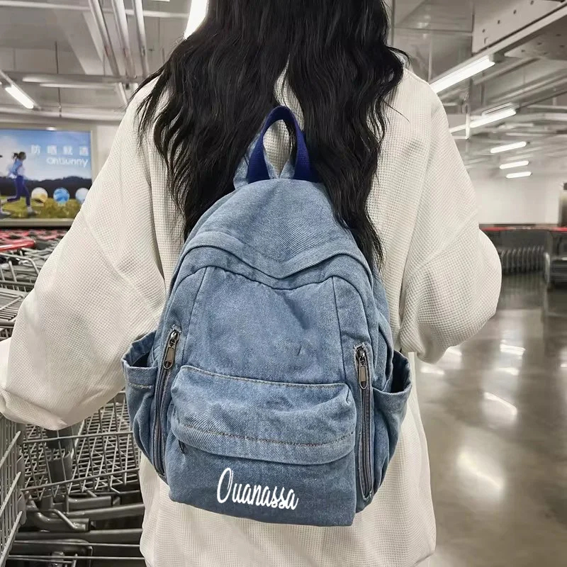 New Denim Backpack For Girls, Retro Backpack For Personalized Embroidery, Student Men's Casual Backpack, Zipper Travel Bag