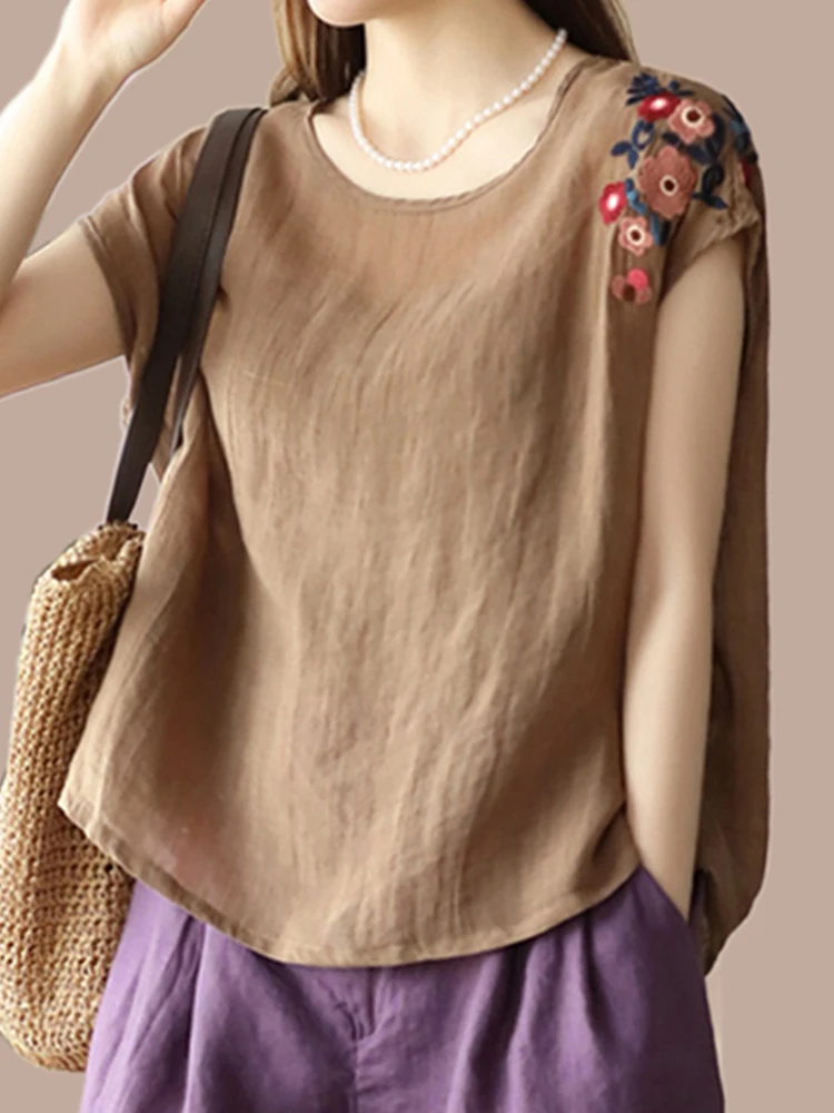 Linen Svel irt Women Summer Thin Japanese Sle Retro Heavy Embroidery Loose round Ne Cotton Linen Vest Top