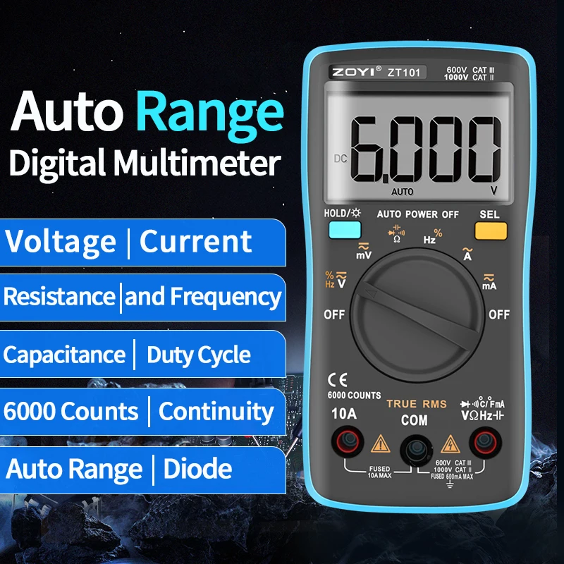 

ZOYI Digital Multimeter 6000 counts Back light AC/DC Ammeter Voltmeter Ohm Frequency Diode Temperature ZT101