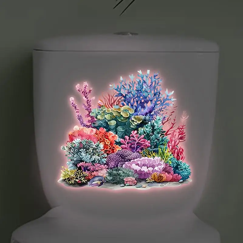 Removable Luminous Coral Reef Toilet Sticker Glow in the Dark Wall Decal Waterproof Bathroom Decor Undersea Theme for Kids Room
