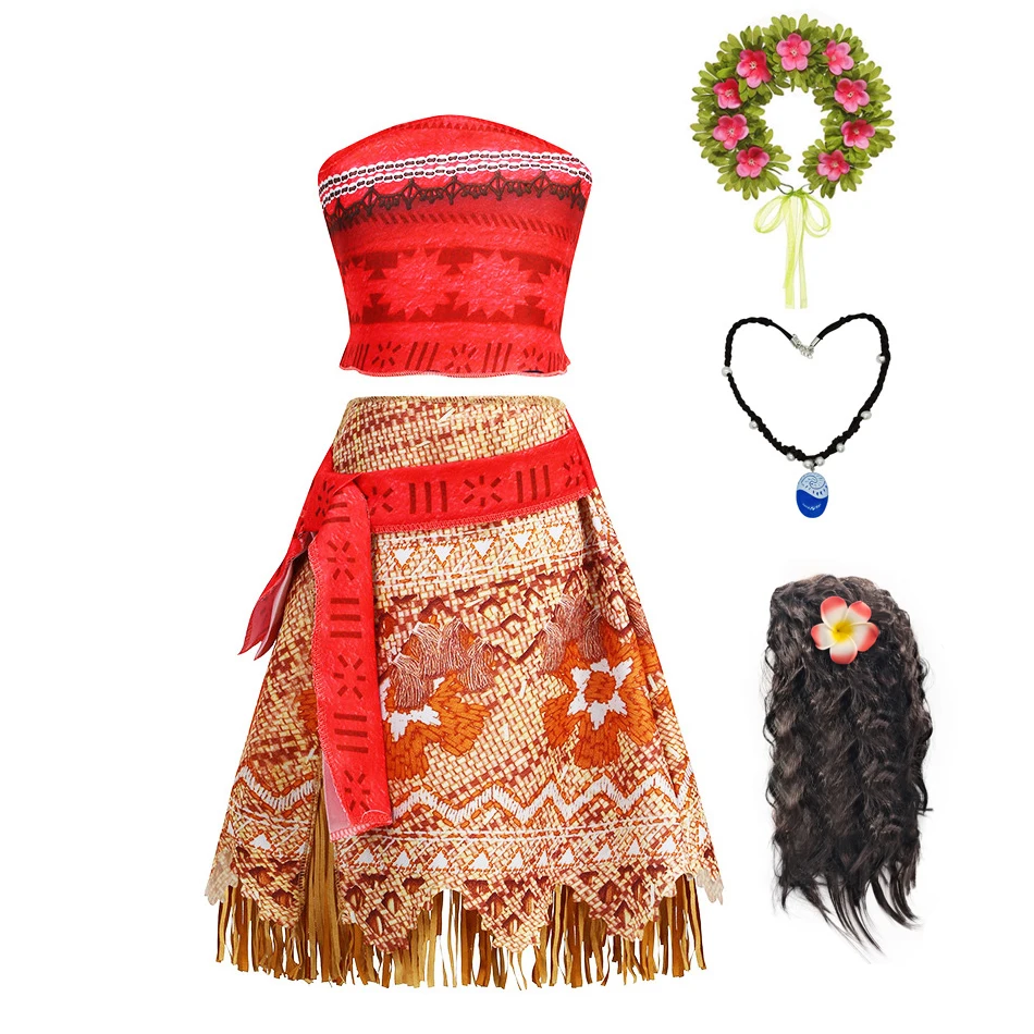 Moana Dress Kids Girls Children Cosplay Princess Birthday Carnival Party Costume with Necklace Flower Set Summer