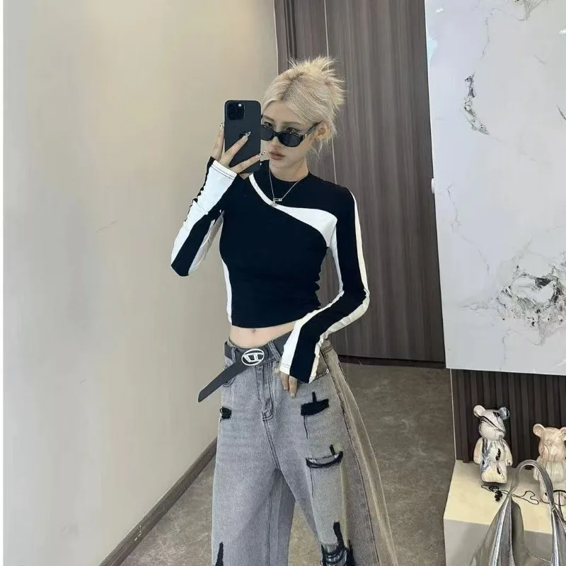 New Women's Trendy Fashionable Casual Color-blocking Niche Design T-shirt Simple Breathable and Suitable Commuting Women's Wear