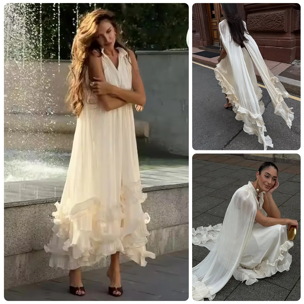 

Women Solid Ruffle Maxi Dress Fashion Lapel V-neck Sleeveless Pleated High Waist Chic Dresses 2025 Summer Lady Vacation Robes