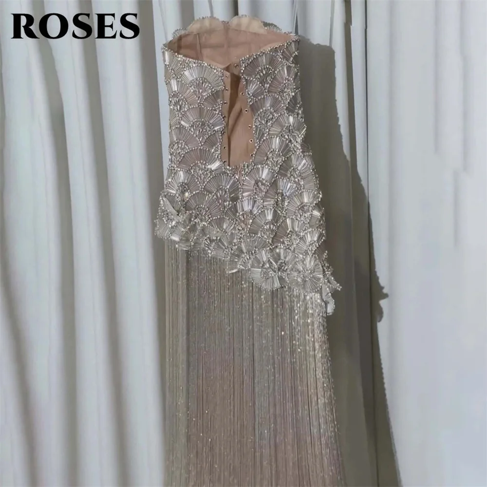 ROSES Silver Prom Dress Heavy Handmade Rhinestone Fringe Formal Dress Strapless Mermaid Evening Dresses for Women Customized
