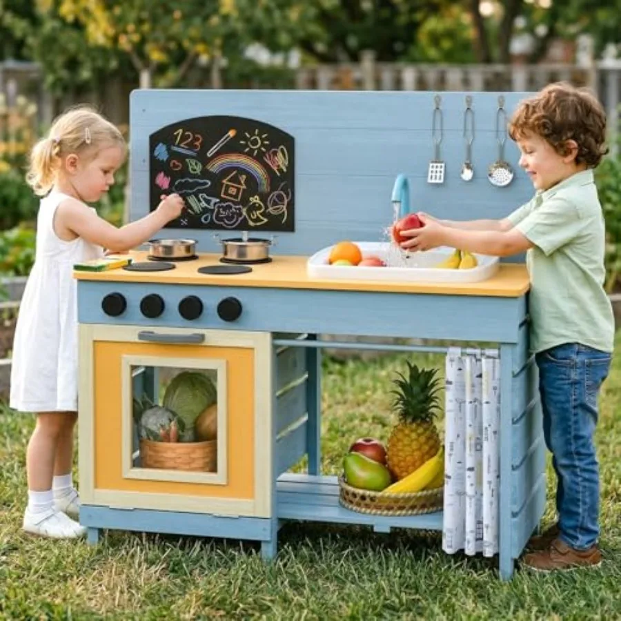 

Деревянная уличная кухня-игровой комплекс Mud Kitchen с съемной крышкой для раковины (для песка и воды), тканевым покрытием, смесителем, меловой доской и плитой для малышей