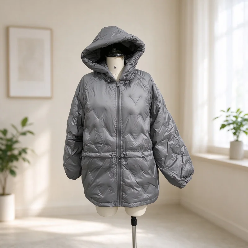 2026 Winter Solid Women Thicken Coat Casual Long Sleeve Hooded Zippers Pleated Female Outwear Elegant Lady Oversize Jacket
