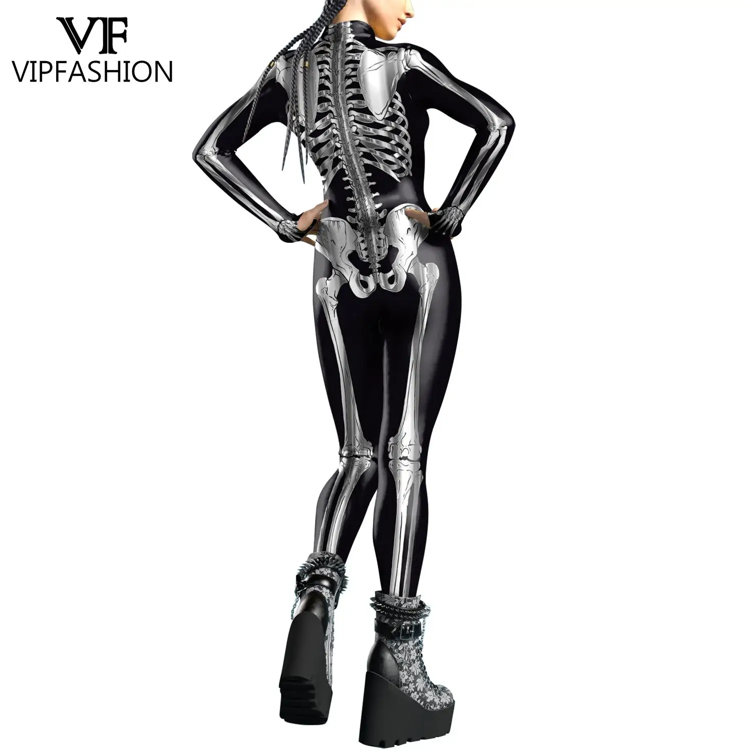 VIP FASHION Woman Skeleton Costume Halloween Front Zipper Zentai Bodysuits Scary Party Show Outfit Thumb Design Cosplay Jumpsuit