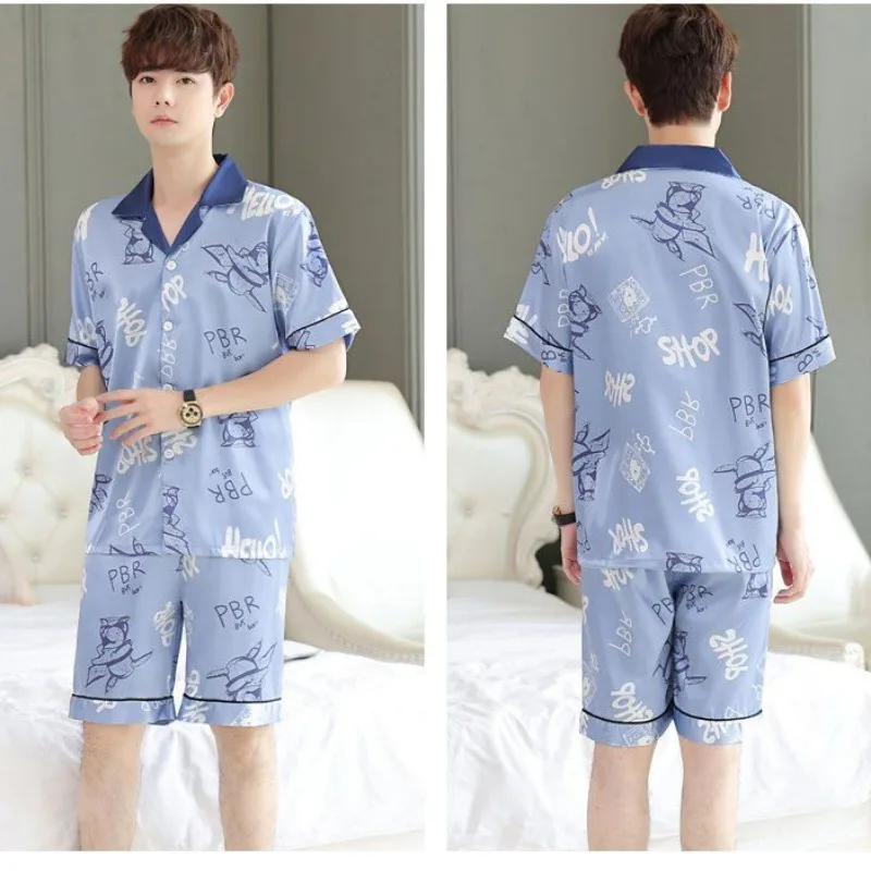 Cartoon Print Summer Suit Sleepwear Latest Men's Cardigan Ice Silk Young Thin Short-sleeved Shorts Outer Loungewear Pajamas Set