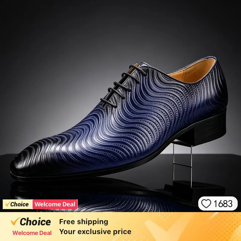 Men's lace up formal shoes, casual retro comfortable faux leather striped embossed handmade business dress shoes