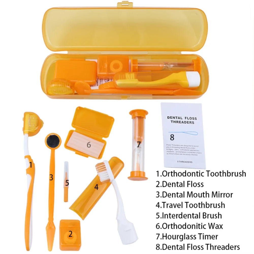 

Orthodontic Toothbrush Kit 8 In 1 Teeth Cleaning Care Set Oral Floss Threaders Sand Timer Relief Wax for Brackets Braces Care