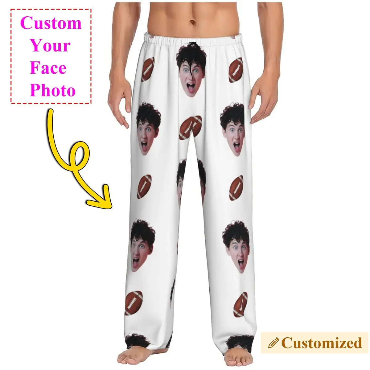 American Football Face Custom Pajama Pants for Men Funny Photo Personalized Design Sleep Sleepwear Bottoms with Pockets