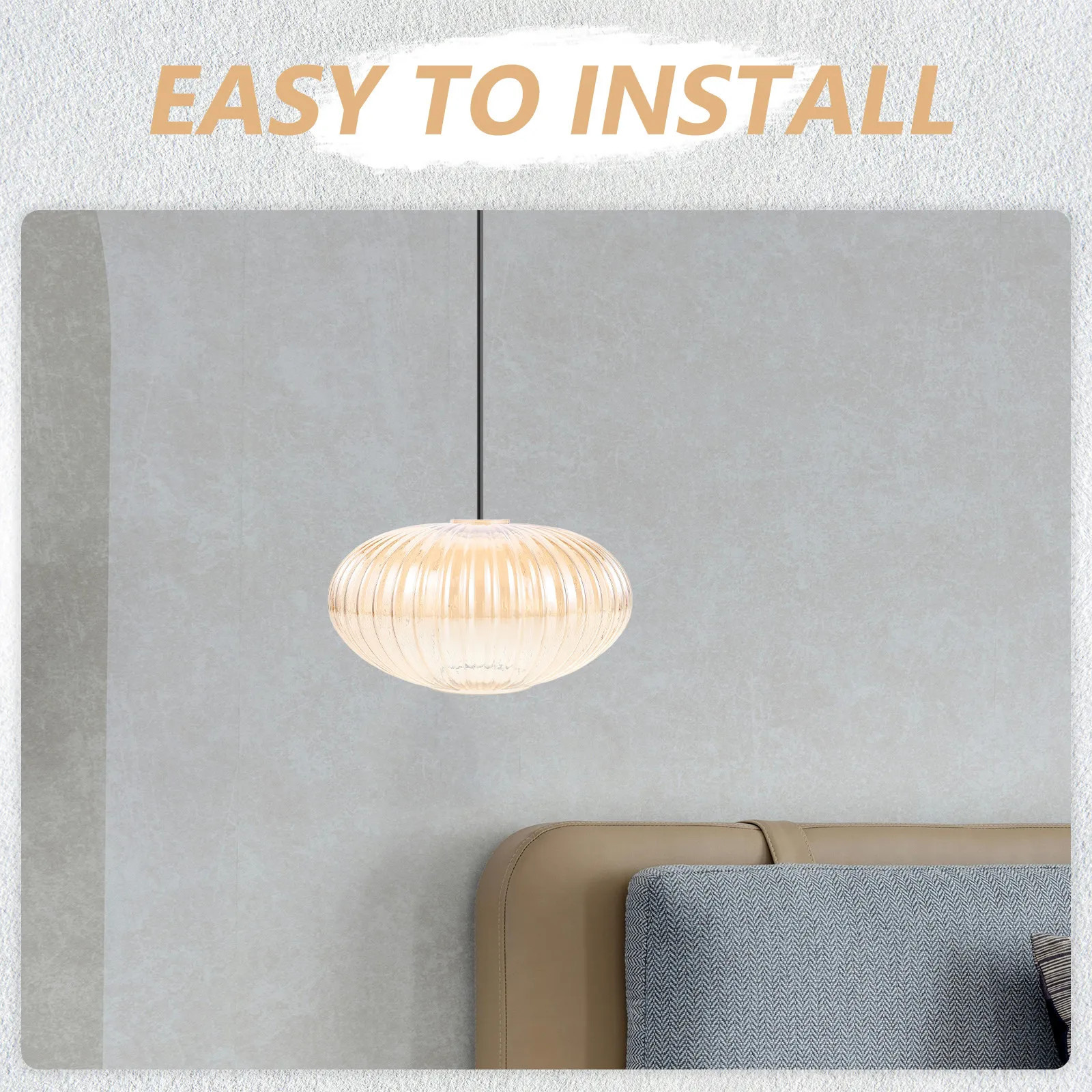 Orange Ribbed Ceiling Light Cover 250x150cm Vintage Globe Glass Shade Soft Lighting Pendant Lamp Replacement for Kitchen Dining