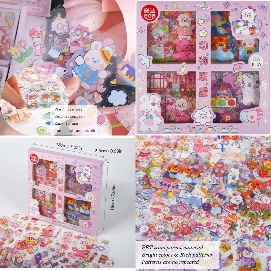 

100 Sheets PET Decorative Stickers Cute Waterproof Sticker Set for Scrapbook Diary Bullet Journaling Planner DIY Craft Album Ca