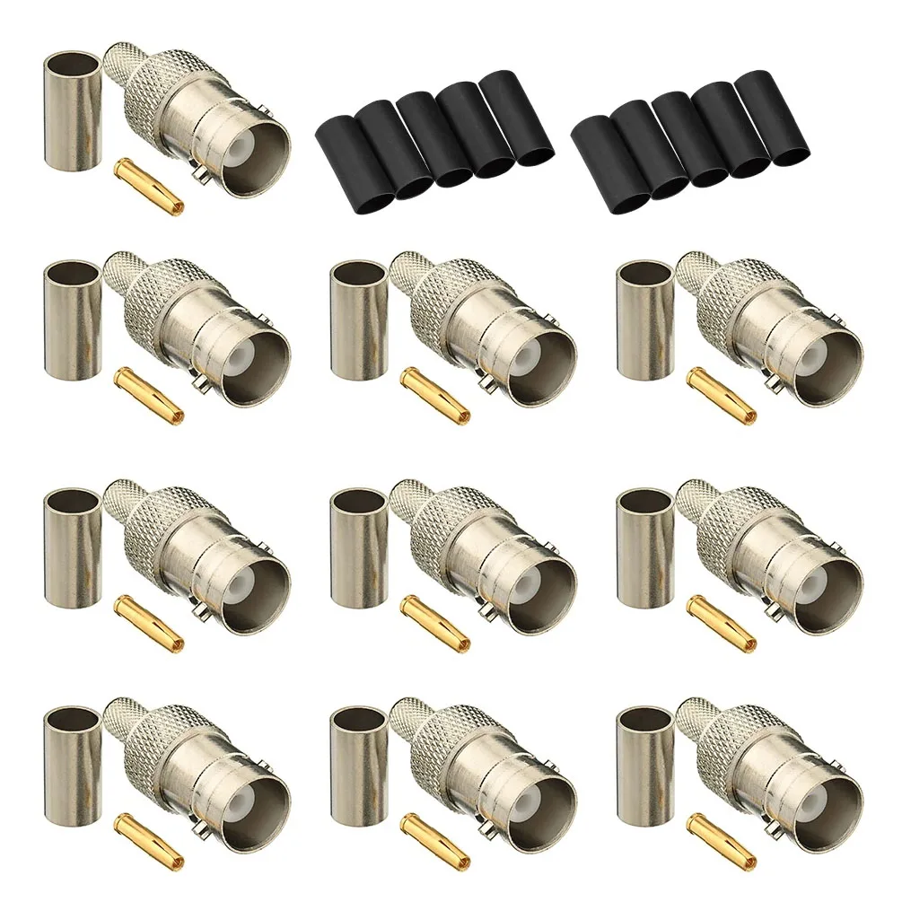 10PCS  50 Ohm BNC Male Crimp Connectors for RG58/RG59/RG60/RG142/LMR195 Coaxial Cables, Including Heat Shrink Tubes