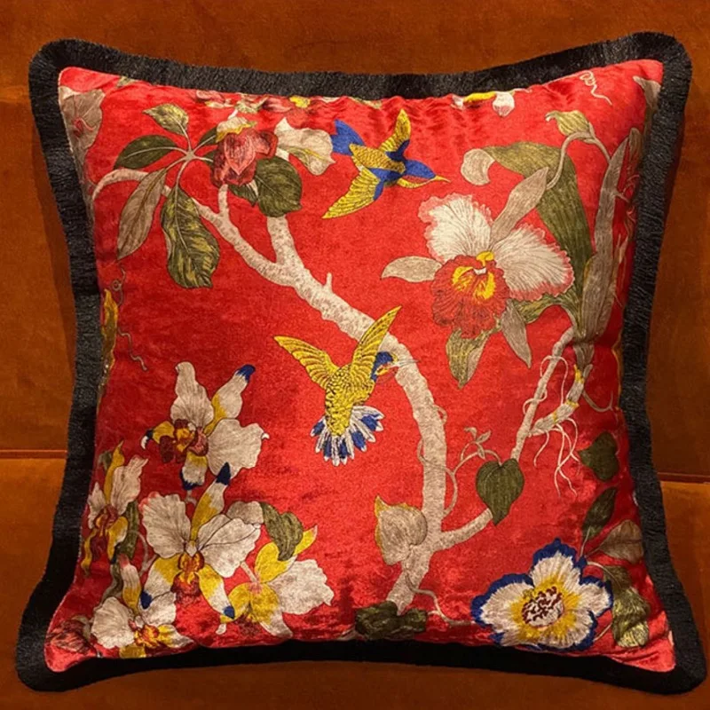 Retro Flora Bird Pillows Luxury Velvet Cushion Case Green Red Decorative Pillow Cover For Sofa Chair Home Decorations