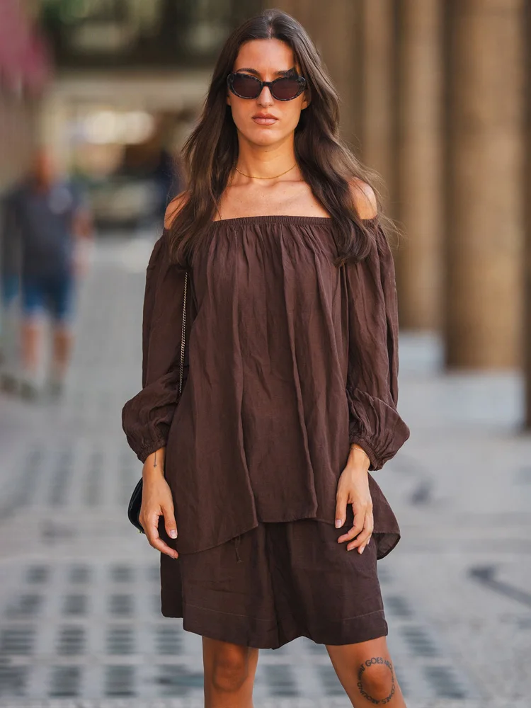 

HH Summer Women Fashion Long Sleeve Dew Shoulder Decoration Top+Pockets Elastic Waist Drawstring Mini Solid Short Set Mujer