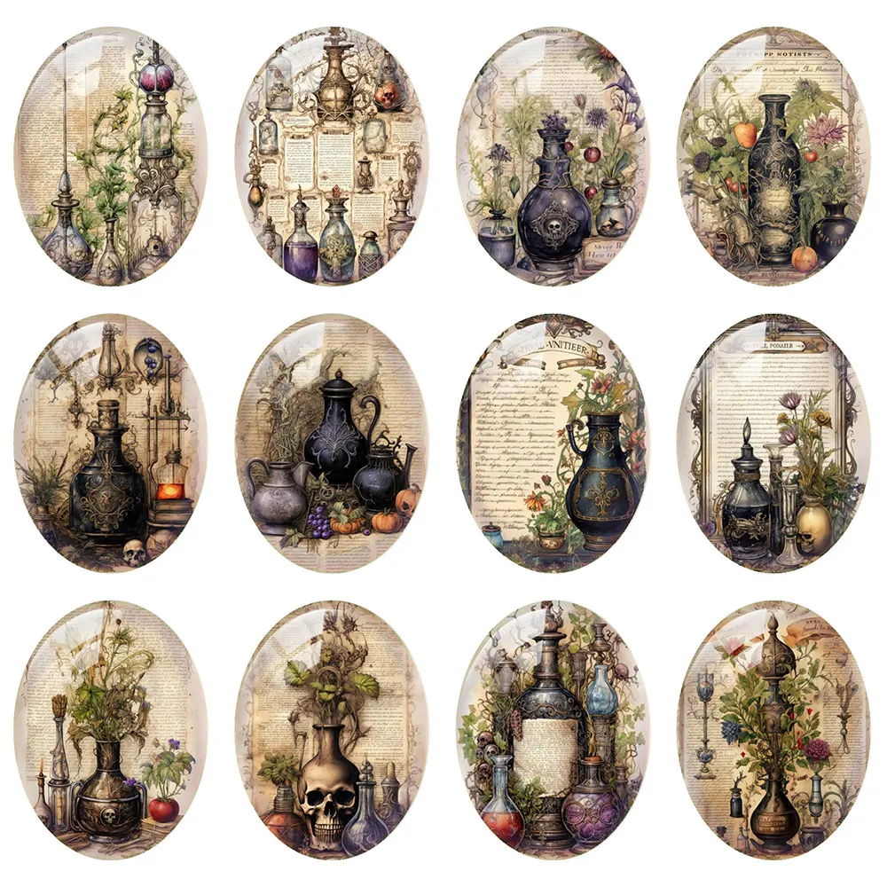 10pcs/lot Halloween Skull Witch Experimental Bottle Plants Oval Photo Glass Cabochon Flatback Demo Cameo Diy Jewelry Making