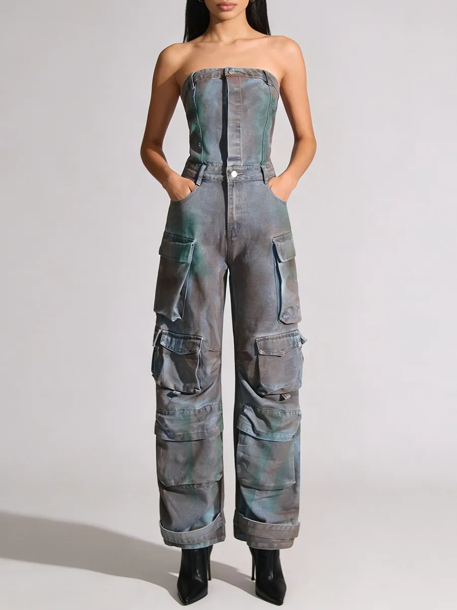 TWOTWINSTYLE Fashion Loose Spliced Pockets Camouflage Jumpsuit for Women Strapless Sleeveless Tunic Wide Leg Jumpsuits Female