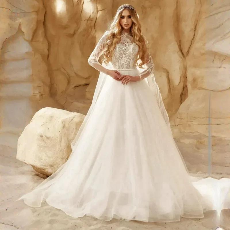 Robe de Mariée en Dentelle à Manches sulfet Col Haut, Magnifique et Élégante, Ligne A, Appliques, Personnalisée, Plage, Mariage Romantique idyllique