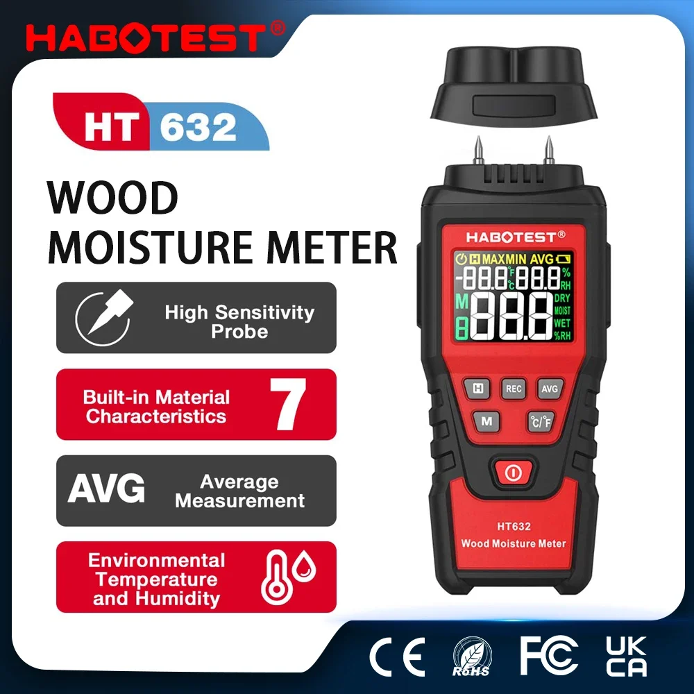 HABOTEST HT632 Digital Wood Moisture Meter Wall Water Tester Humidity Meter Two Pins Hygrometer Concrete Cement Brick Detector