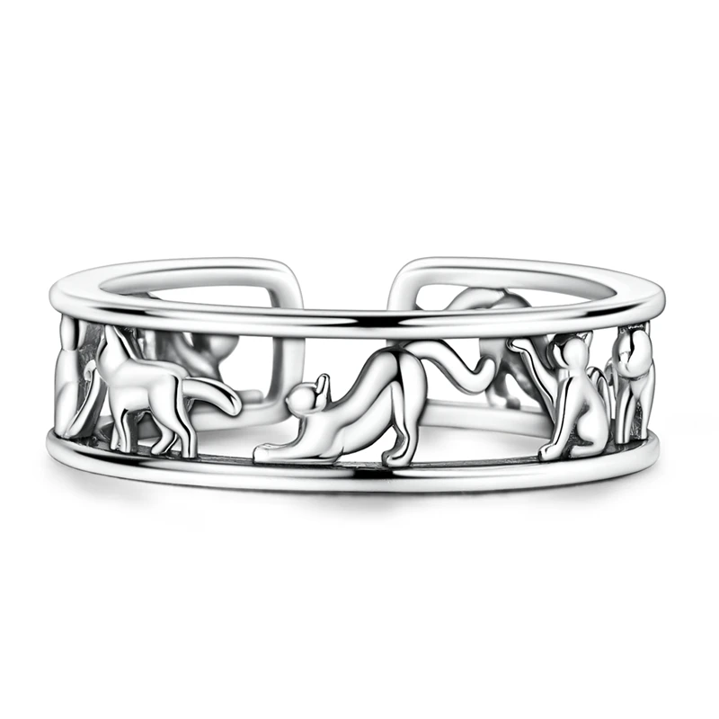 New Ring 925 Sterling Silver Cat Playing With An Open Rings For Women Girls Birthday Anniversary Jewelry Gifts
