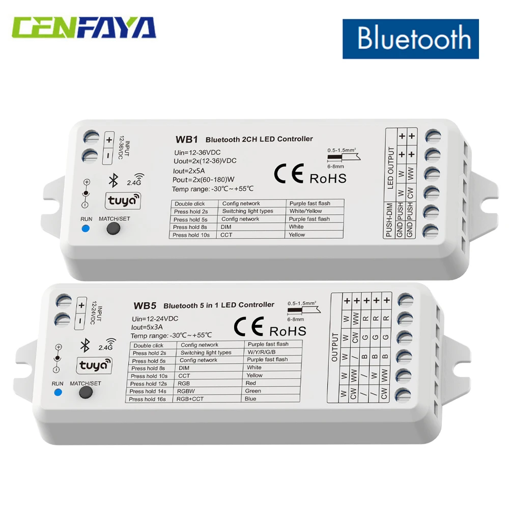 CENFAYA LED Controller Bluetooth Control Dimmable CCT RGB RGBW RGBCCT COB LED Strips Compatible with Tuya App Echo Alexa Google