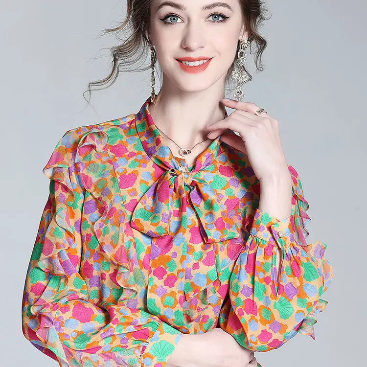 

Chiffon Shirt New High-end Chic Ruffled Bow Top Chiffon Floral Blouse