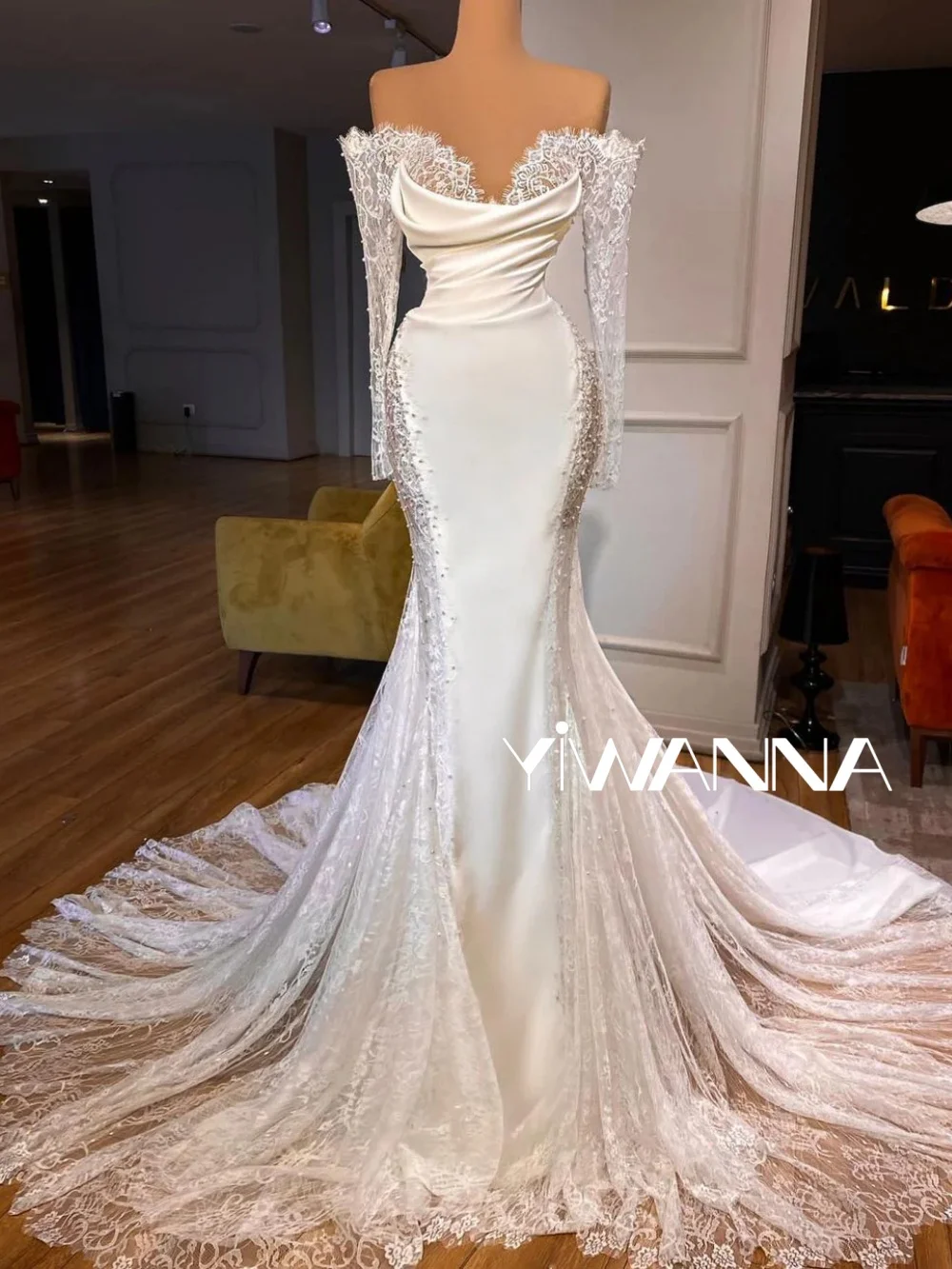 

New Arrival Pearls Lace Satin Wedding Dress Off Shoulder Dreamy Bridal Gown Customized Floor-length Mermaid Dresses For Bride