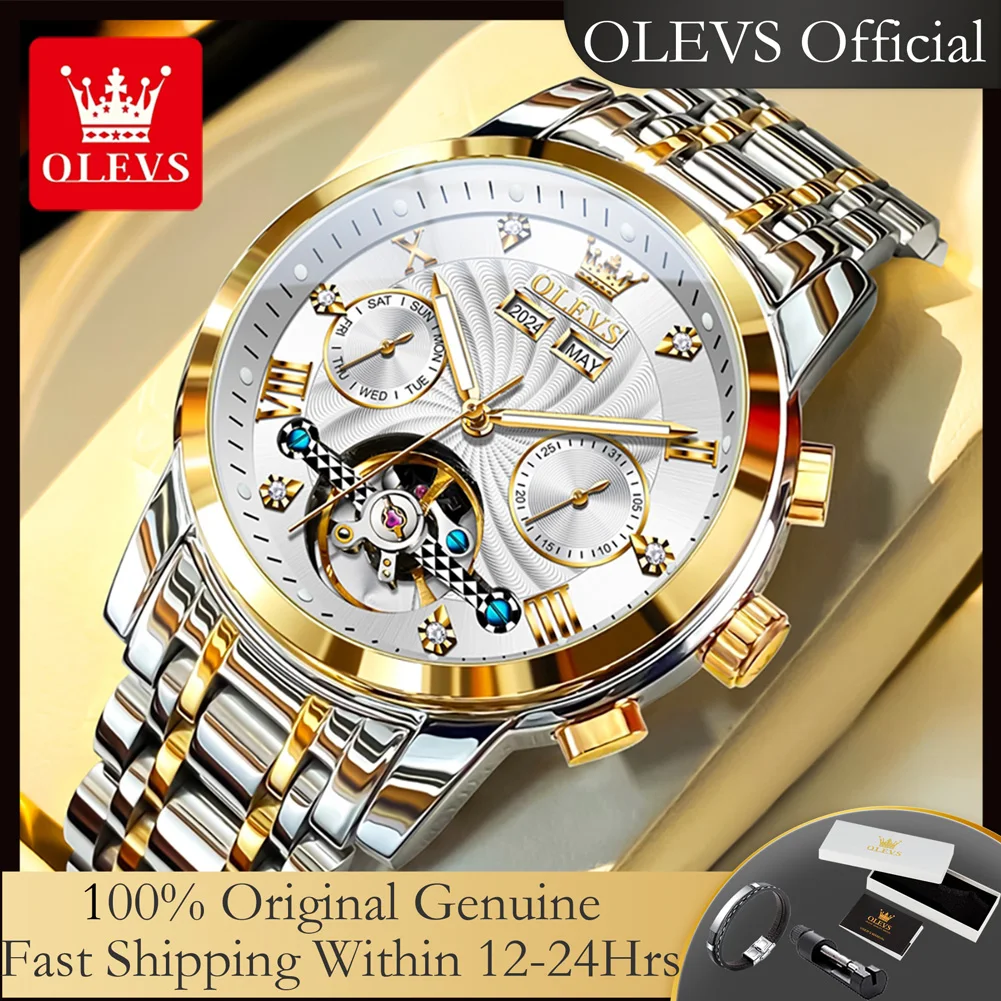 OLEVS 7088 Luxury Automatic Mechanical Watches for Men Skeleton Flywheel Calendar Week Business Man Watch Hollowed Men's Watches