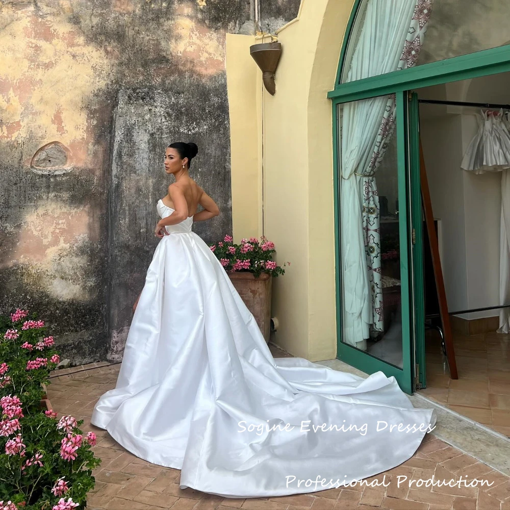 Elegant Satin Wedding Dresses For Women 2025 New High Split Floor-Length Vestidos De Novia High-Low Sweep Train Robe De Mariée