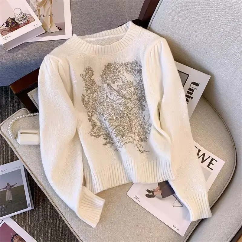 Women Vintage Print Y2K Fairy Simple Chic All Match Knitted Sweater Female White Casual O Neck Long Sleeve Pullover Tops Jumpers