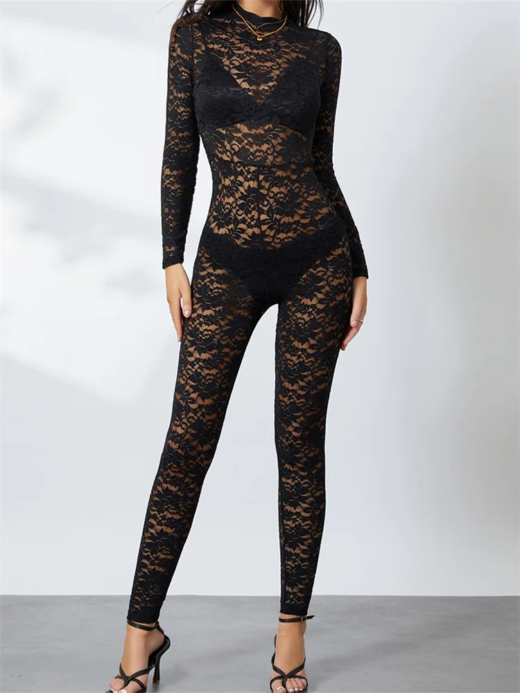 

CHRONSTYLE Sexy Women Lace Floral Skinny Jumpsuits Long Sleeve Round Neck Mesh Sheer See Through Pencil Pants Summer Romper 2024