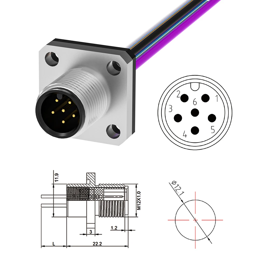 M12 DIN Industrial Socket IP67/IP68 Waterproof 2A Connector a Code 6Pin Round Flange Male Female Panel Mount Wire