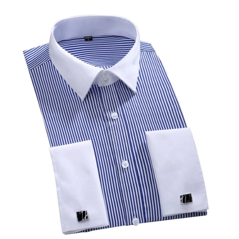 Camisa de esmoquin de manga larga para hombre, camisa suave con gemelos franceses, diseño de cuello blanco, a rayas, de alta calidad, para boda