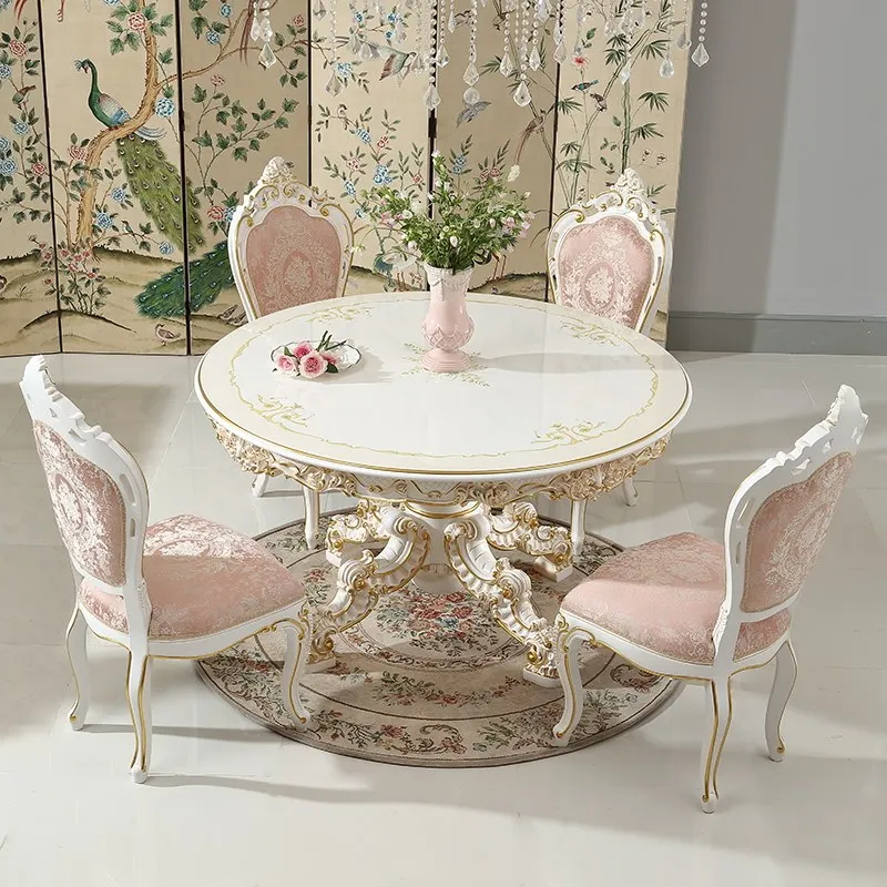 

LMM pink round dining table and chair combination carved dining room luxury furniture European solid wood